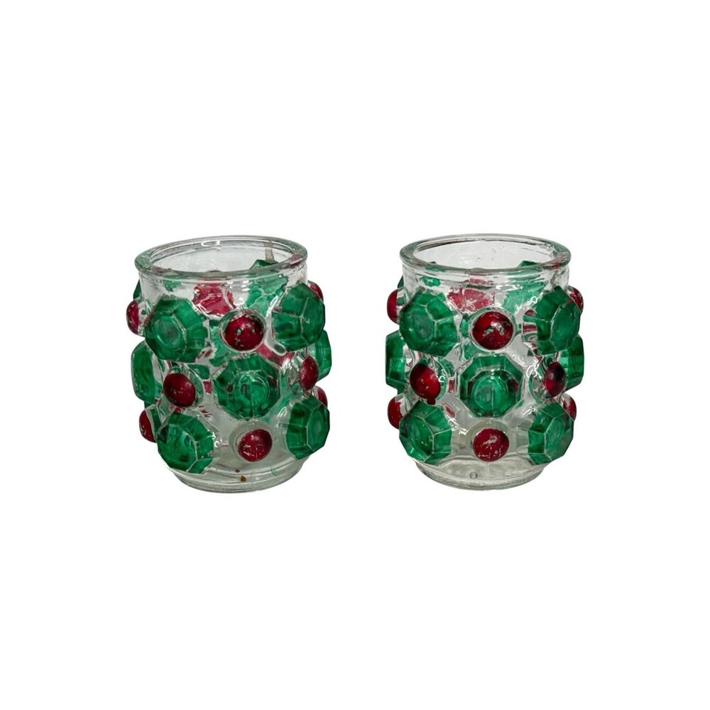 Vintage Japan Christmas Jewel Glass Votive Candle Holders Set 2 Country Store